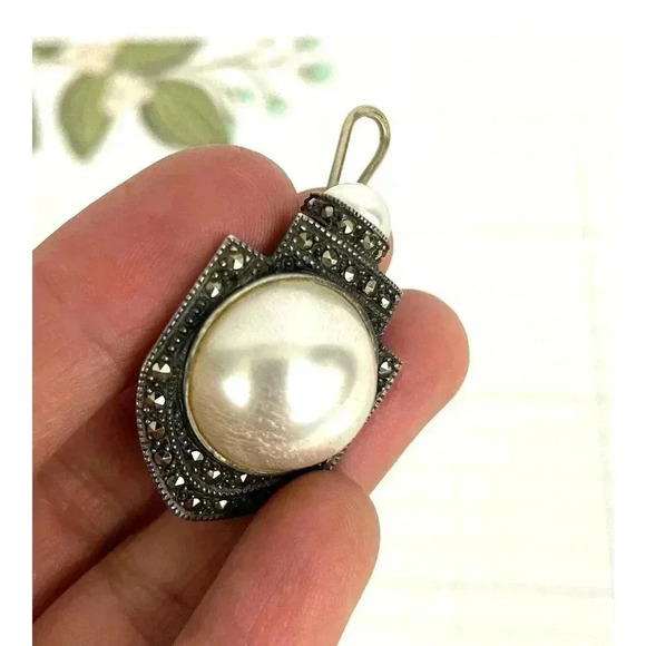 VTG Judith Jack Sterling Silver Faux Pearl Marcasite Earrings JJ Signed 19 Grams - Picture 14 of 16